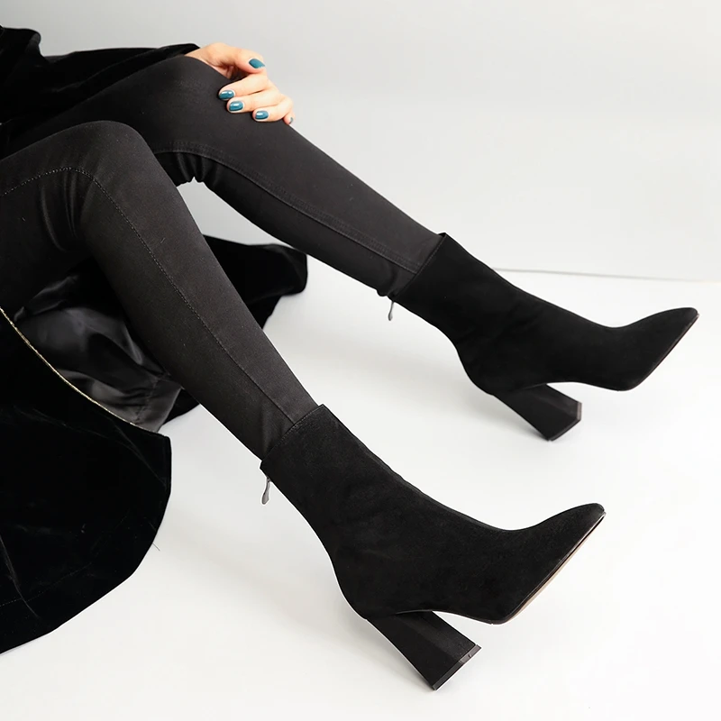 ENMAYER Woman Ankle boots Winter Causal Pointed toe Short Zipper Black Size 33 40 Kid Suede Thick High heels Shoes CR1610|Женские