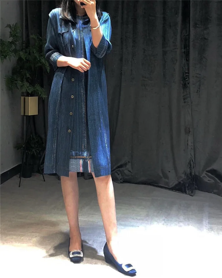Changpleat осенние новые женские прямые платья Miyak плиссированные Модные Дизайнерские джинсовые синие принтованные женские платья с рукавом 3/4