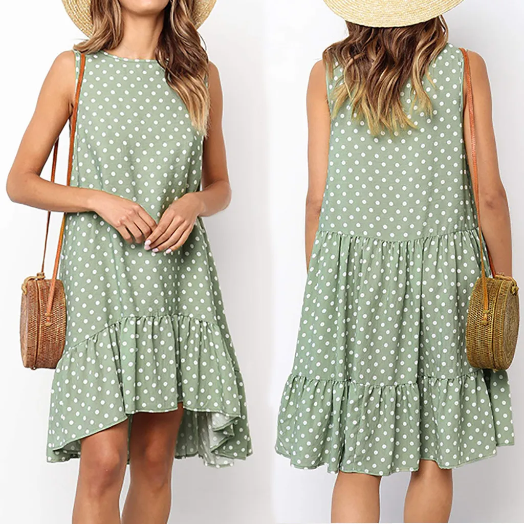 Женское платье без рукавов с оборками и круглым вырезом летнее повседневное