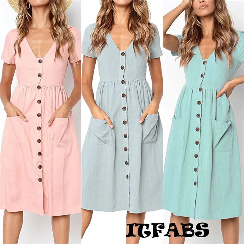 Frauen Urlaub Taste Tasche Kleider Mode Damen Sommer Strand Minikleider Schaukel Kurzarm Reine Farbe Kleid Weibliche Vestidos|Женские платья| |