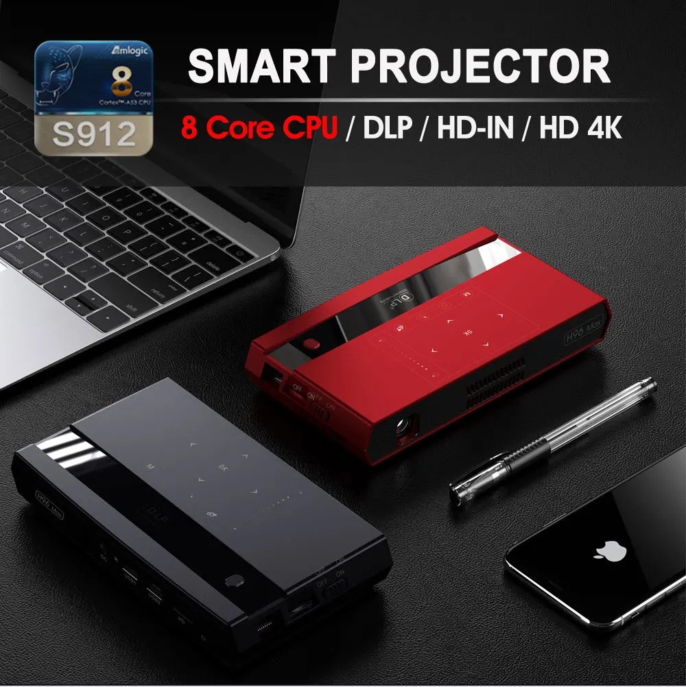Портативный S912 h96 max проектор Octa Core 3D 4 K HD 2 ГБ+ 16 Гб Встроенный Android 6,0 WI-FI HD DLP светодиодный прожектор с bt динамик