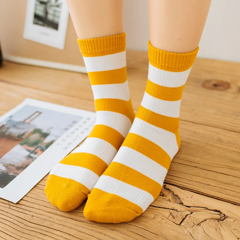 

Женские хлопковые носки в японском стиле DONG AI, желтые и белые хлопковые свободные короткие носки в полоску в стиле Харадзюку, осень