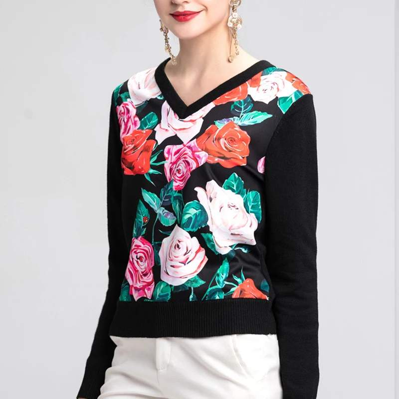 New Runway Fashion Designer Sweater Women's Elegant Rose Flower Printed Patchwork V Neck Casual Black Wool Top Shirts | Женская