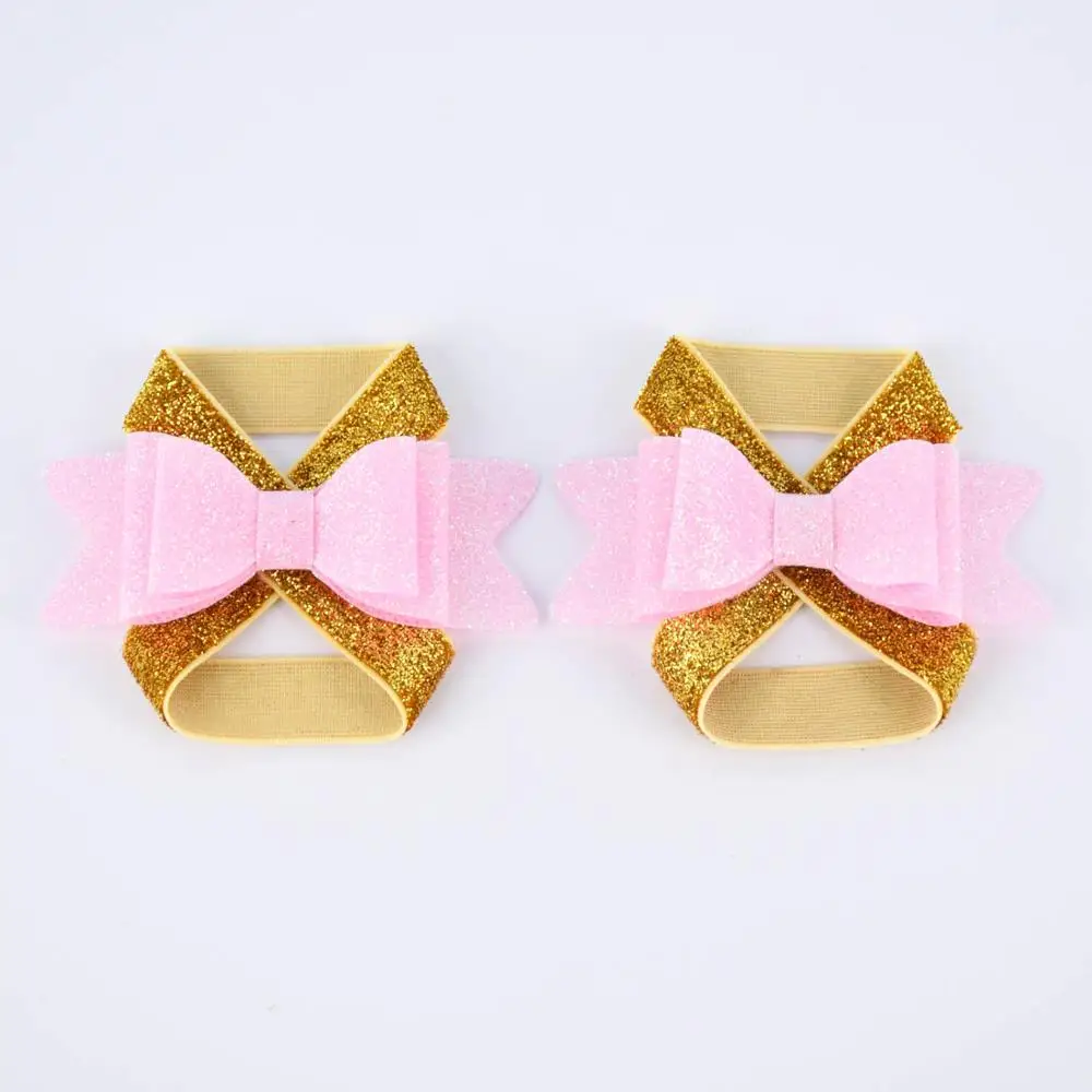 Gold-pink Новые блестящие босоножки ботинки бабочка для волос с блеском сандалии для новорожденных Крещение обувь для малышей фото реквизит новорожденных до 12 м - Цвет: Gold-pink