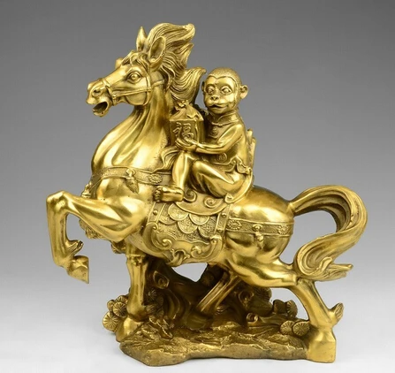 Китайская латунная медная Palace Fengshui мгновенная печать Hou Monkey статуя Верховая