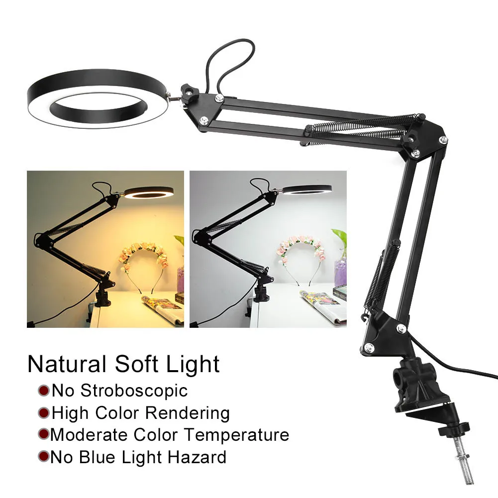 

Foldable Eyecare Table Lamp Flexible Swing Arm Clamp Mount Lamp LED Ring Light Stepless Dimming USB Three Tone Desk Light