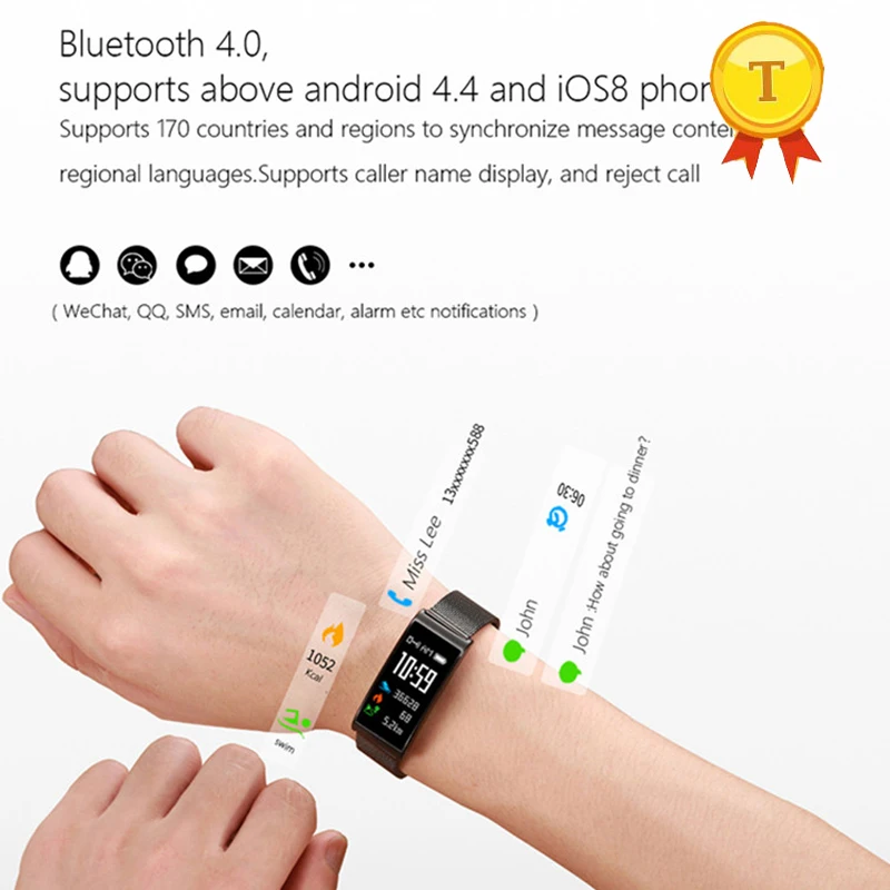 Цветной сенсорный экран IP68 водонепроницаемый смарт браслет для плавания Bluetooth