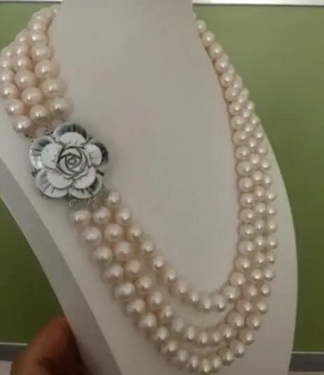 

beautiful 3 rows south sea round 9-10mm white pearl necklace 17"18"19"