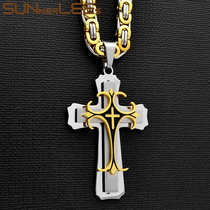 Silver-Gold-Black SUNNERLEES 316L нержавеющая сталь Иисус Христос крест кулон ожерелье византийский звено Цепочка Золото Серебро Черный Мужчины Мальчики Ювелирные изделия SP67 - Окраска металла: Silver-Gold-Black