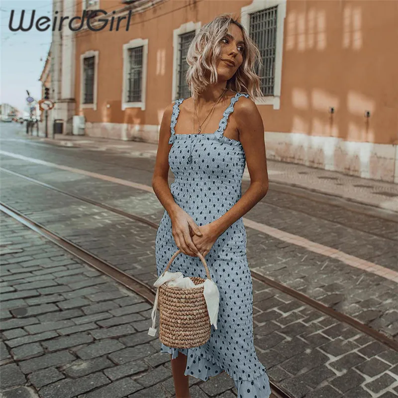 Weirdgirl, женское летнее пикантное платье с оболочками цвета хаки, праздничная одежда, платья до колен в горошек, бодикон, без бретелек, летнее пляжное платье, новинка, для девушек - Цвет: Синий