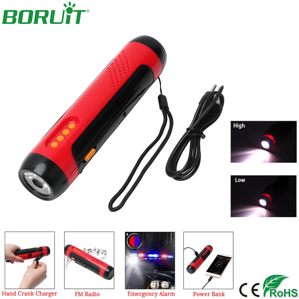 BORUiT Многофункциональный ручной зарядной FM радио Светодиодный фонарик USB выход