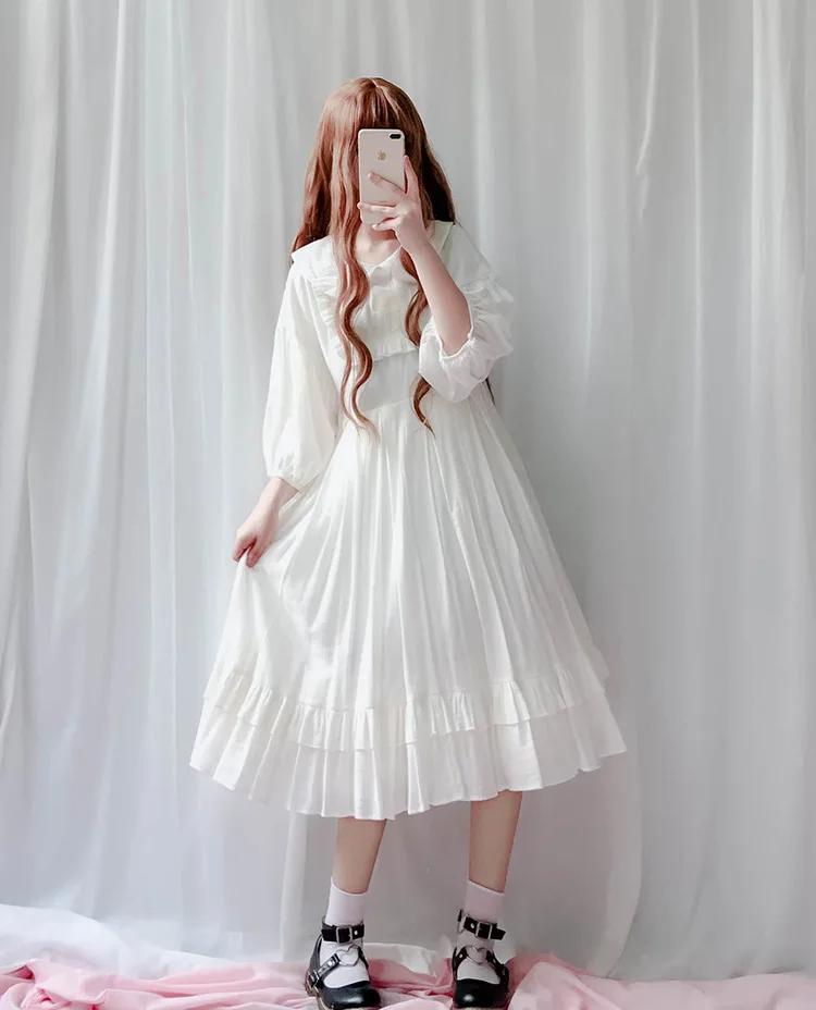 JSK японский стиль Лолита платье с воротничком для куклы Винтаж babydoll платье Бишоп рукав сочное плиссированное платье