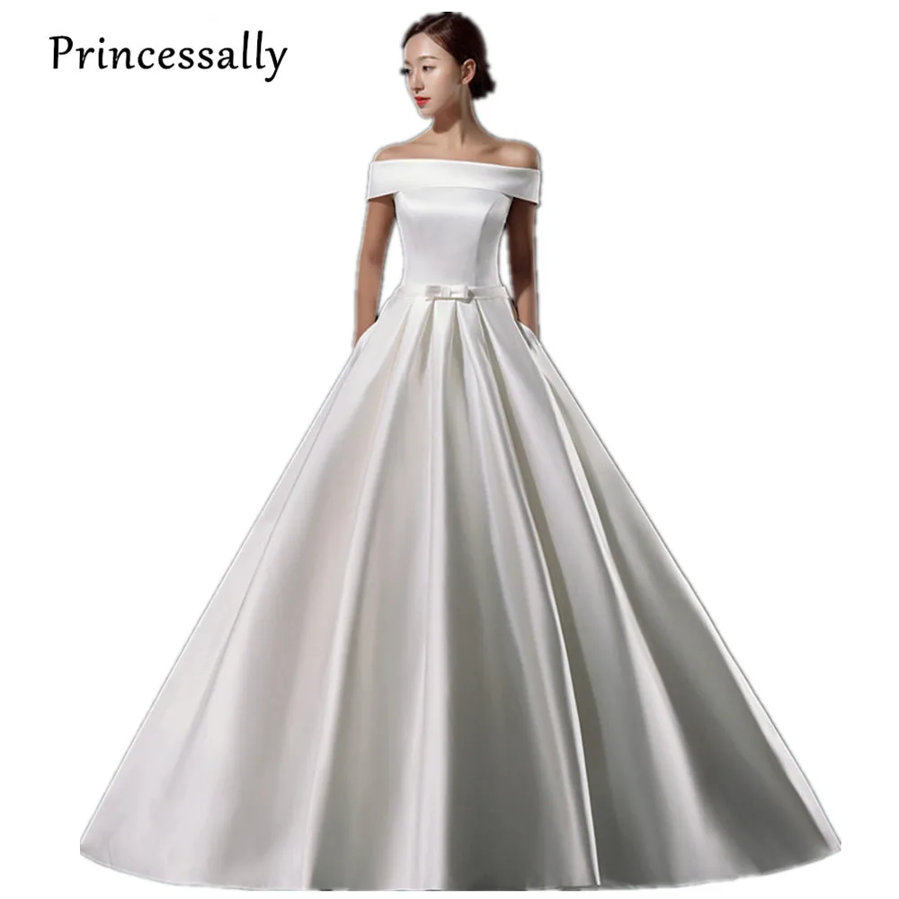 Простое Элегантное свадебное платье со шлейфом винтажное атласное с вырезом