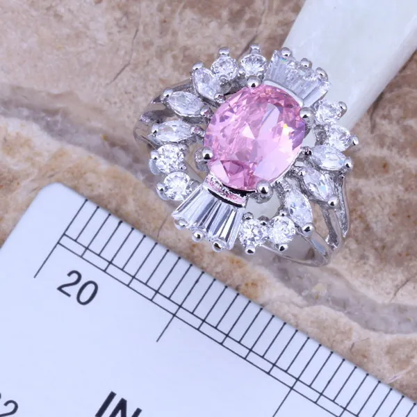 Розовый белый фианит Посеребренные Ювелирные наборы серьги Кулон Кольцо Размер 5