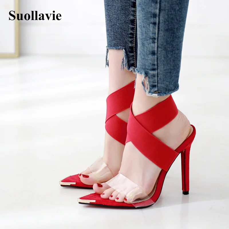 Модные красные сандалии Прозрачная обувь на тонком высоком каблуке Цвет черный