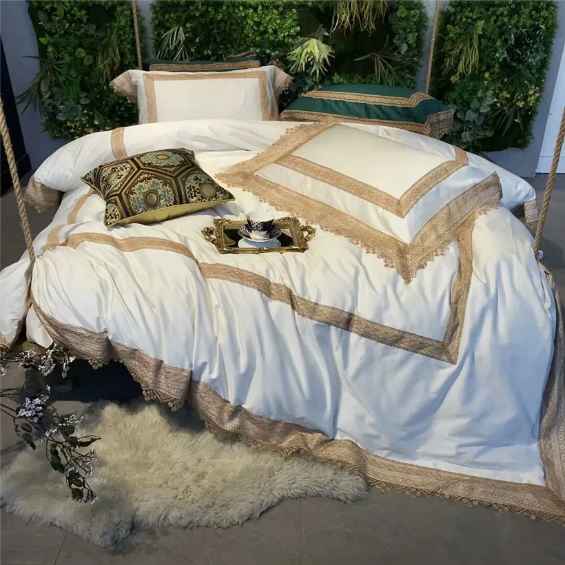 

Cream White Grey Blue Luxury 120S Lace Egyptian cotton Royal Bedding set Queen King Duvet cover Bed sheet set Pillowcase