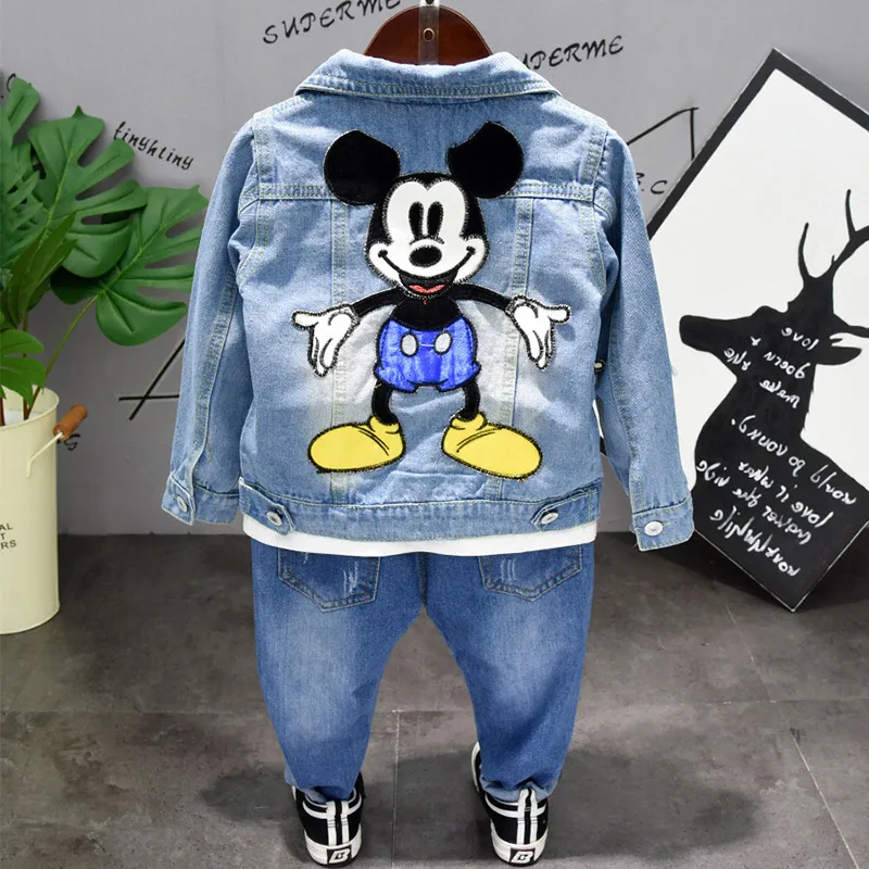 denim blue Весенне-осенний комплект из 2 предметов для мальчиков, детская джинсовая куртка+ джинсы, Детский костюм, детская одежда, комплект для малышей с рисунком Микки и Микки Мауса, рваные, для детей 2-7 лет - Цвет: denim blue
