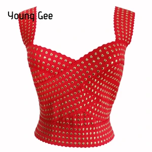 Young Gee женский сексуальный бандажный укороченный топ, Летний жилет в стиле панк с заклепками, уличные эластичные топы на бретелях с молнией сзади, женская уличная одежда