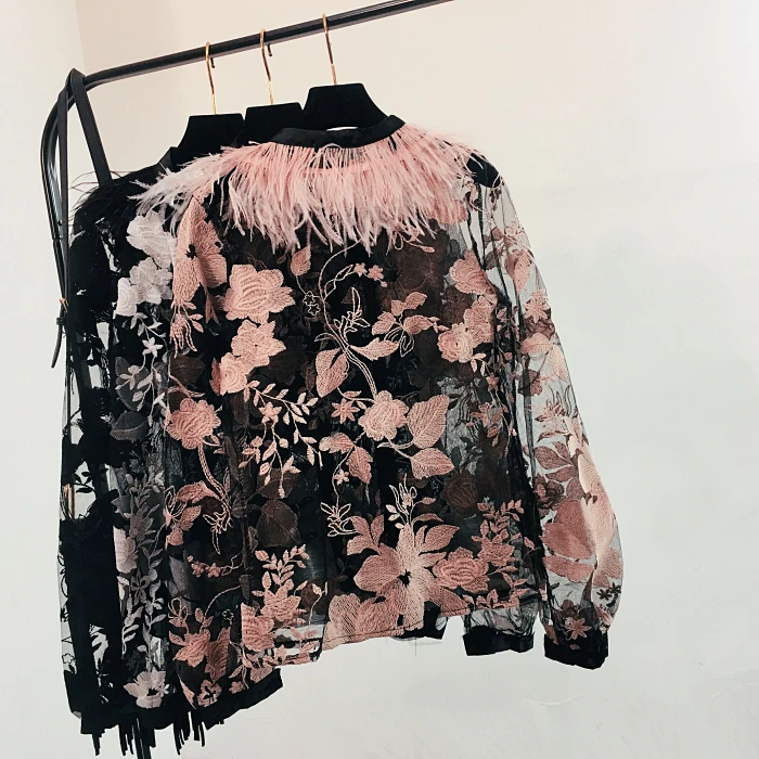 Уитни Ван 2019 Весенняя мода уличная страуса перо лоскутное кружево Florals Вышивка