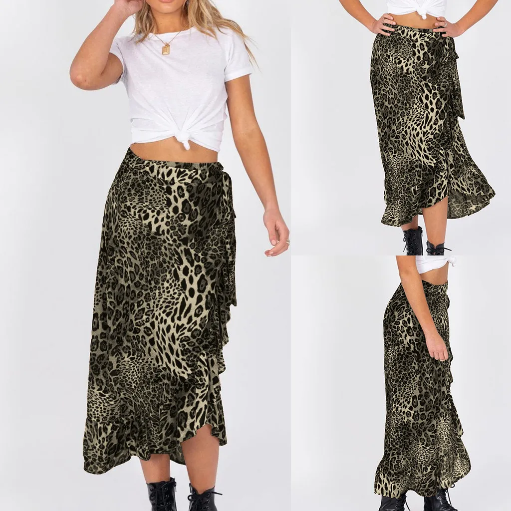 Irregular Hem Chic Beach Wrap Skirt Top Quality Fashion Women Leopard Print Elastic Waist Bandage Ruffles Casual | Женская одежда