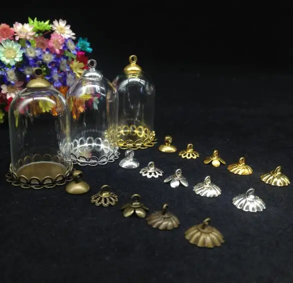 

20pcs 30*20mm clear bell jars shape glass globe double lace base cap set glass cover vial diy pendant findings handmade necklace