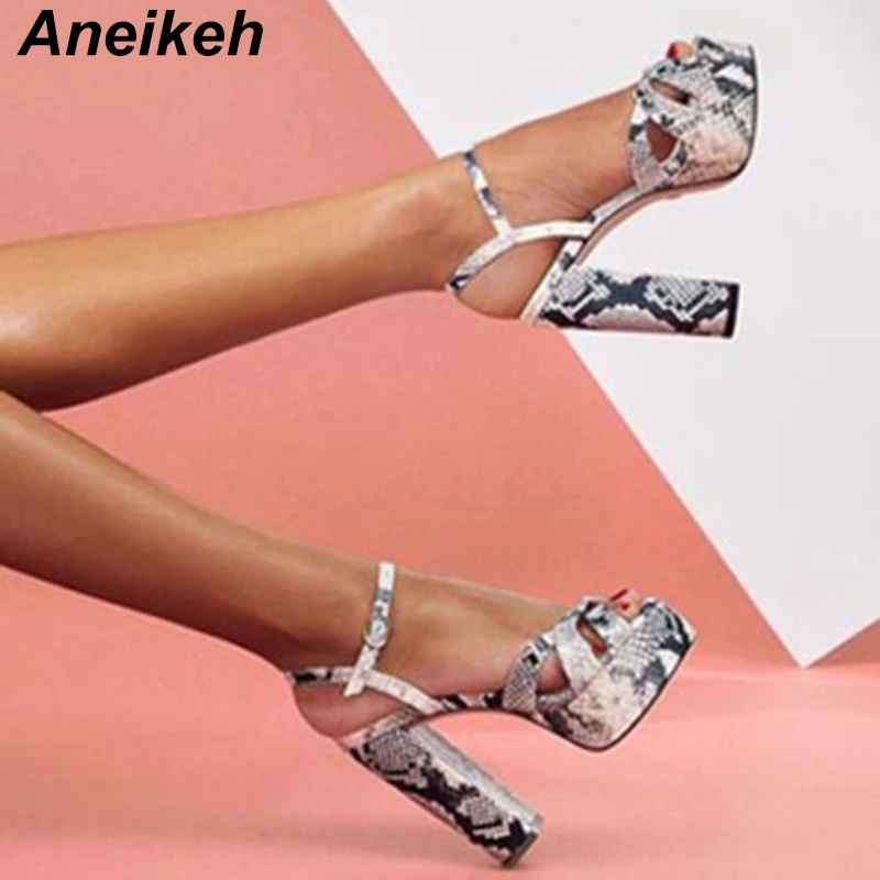 Aneikeh/ г. летние модные босоножки на платформе с пряжкой и змеиным узором на высоком квадратном каблуке женские сандалии-гладиаторы вечерние привлекательные женские туфли