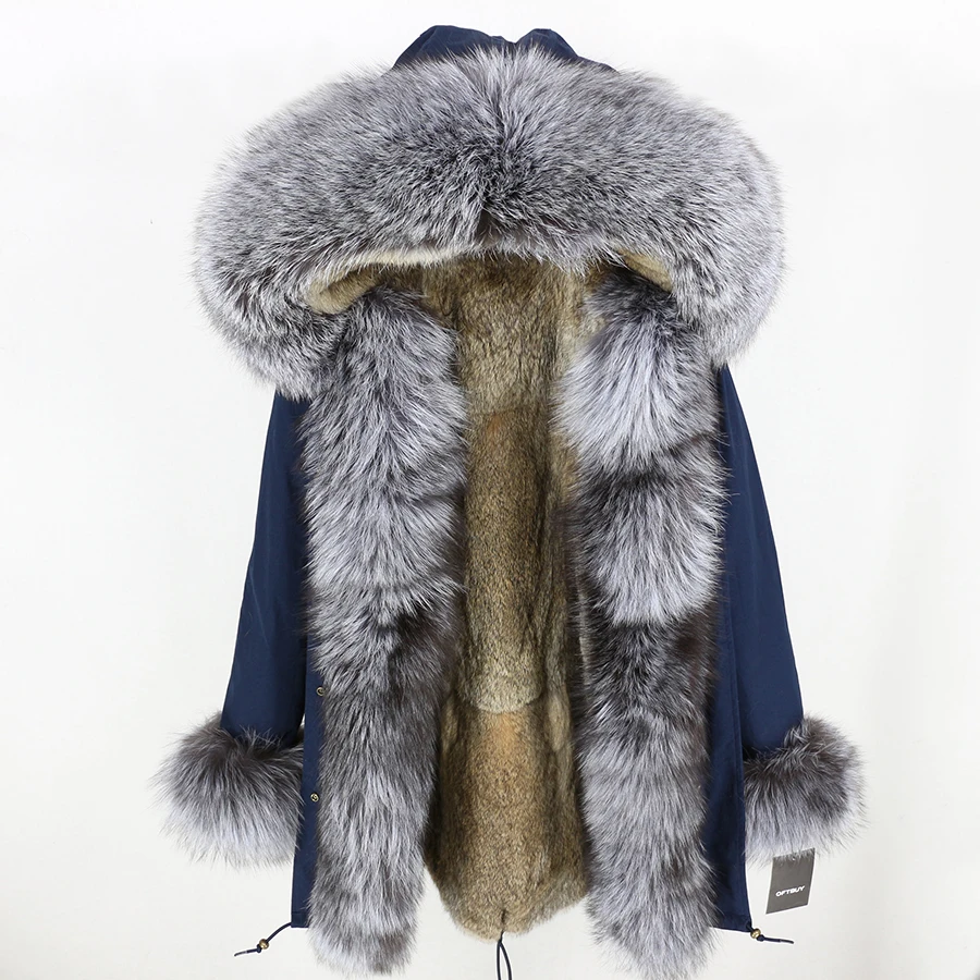 OFTBUY, пальто с натуральным мехом, зимняя куртка, Женская длинная парка, натуральный мех серебристой лисы, воротник с капюшоном, подкладка из натурального кроличьего меха, Толстая теплая брендовая