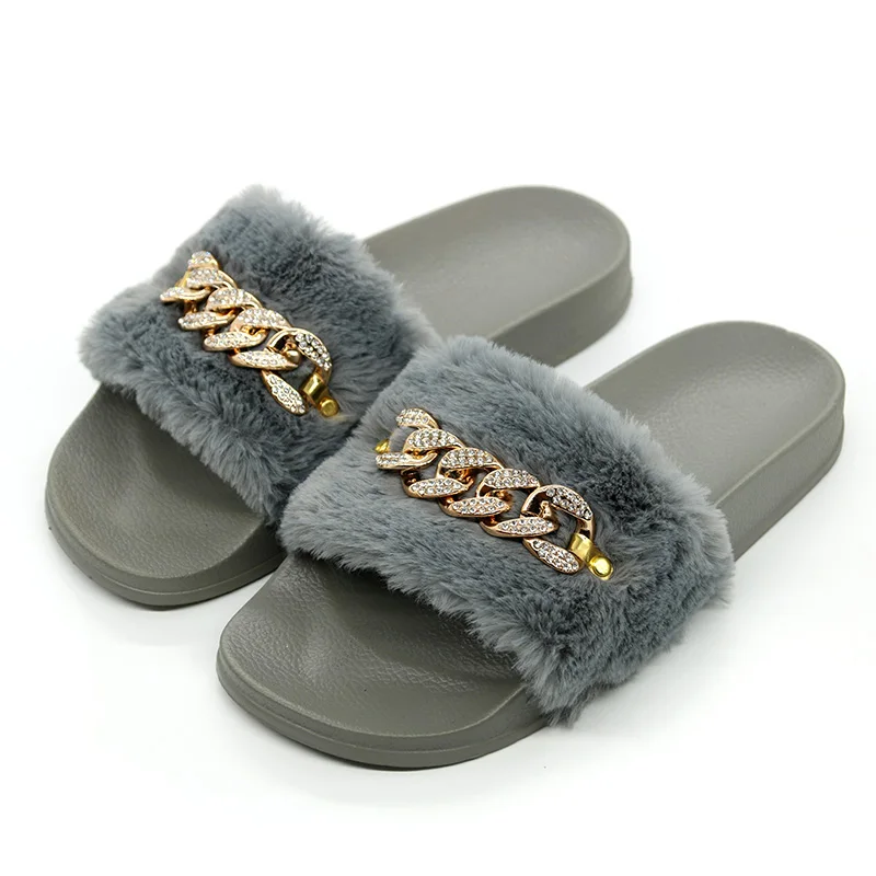 Grey with Chain COOLSA/Новое поступление; женские меховые тапочки; тапочки из искусственного меха; нескользящие плюшевые модные тапочки; пушистые домашние Шлепанцы из флока на плоской подошве - Цвет: Grey with Chain