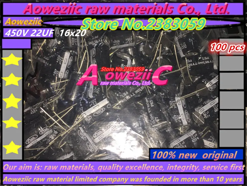 

Aoweziic (100 PCS) Taiwan 450V 22UF 16x20 power adapter electrolytic capacitor 22UF 450V 16*20