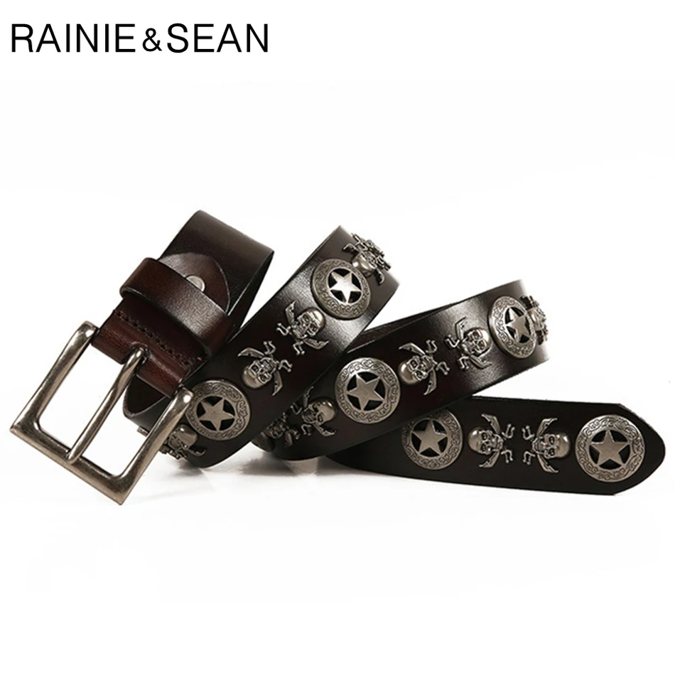 

RAINIE SEAN Mens Belt For Jeans Coffee Real Leather Pin Buckle Belts Male Skull Designer Genuine Leather Accessories Belt 125cm