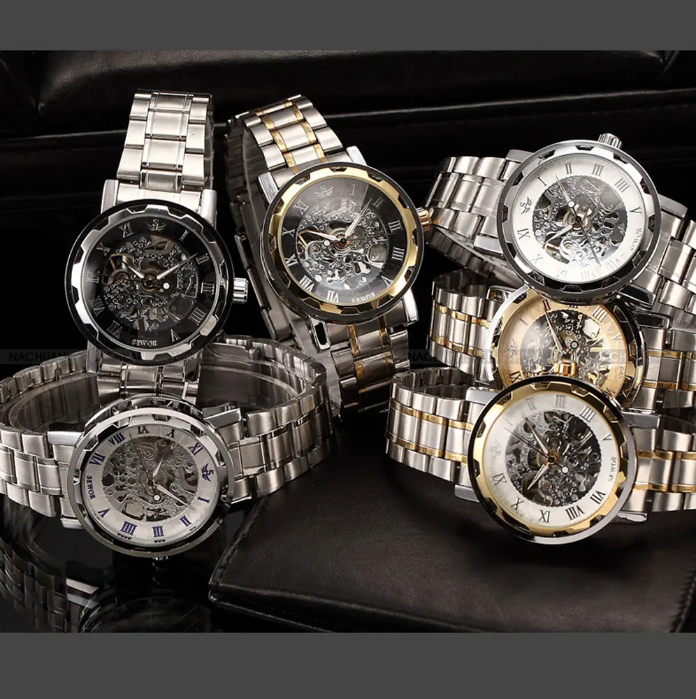 Sewor золото мужчины скелет механические часы группа из нержавеющей стали рука