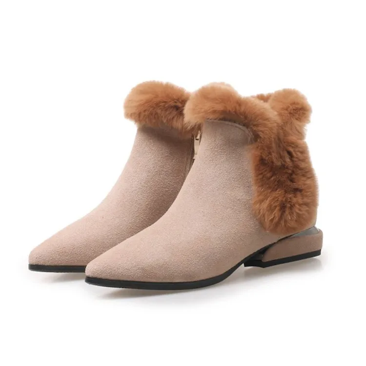MLJUESE 2019 women snow boots Cow Suede black color Rome style pointed toe winter fur warm plush ankle | Обувь