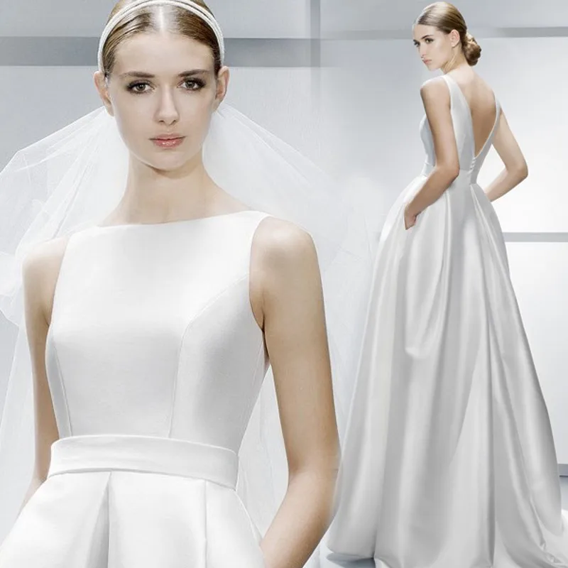 

vestidos de novia 2020 Elegant Satin Long Dresses for Wedding Backless Buttons Custom Made Train Bridal Gowns Robe De Mariage