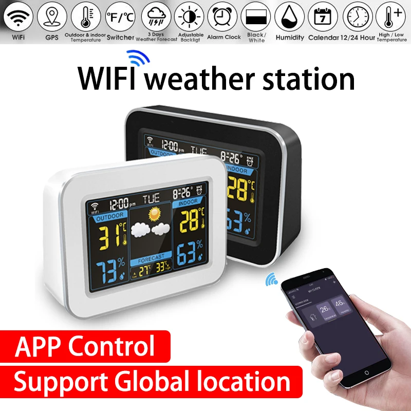 Беспроводная метеостанция с Wi Fi термометр гигрометр прогноз погоды часы цветным