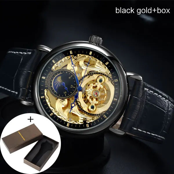 FORSINING мужские часы Топ бренд класса люкс Tourbillon часы с скелетом мужские спортивные кожаный браслет автоматические механические наручные часы - Цвет: black-goldbox