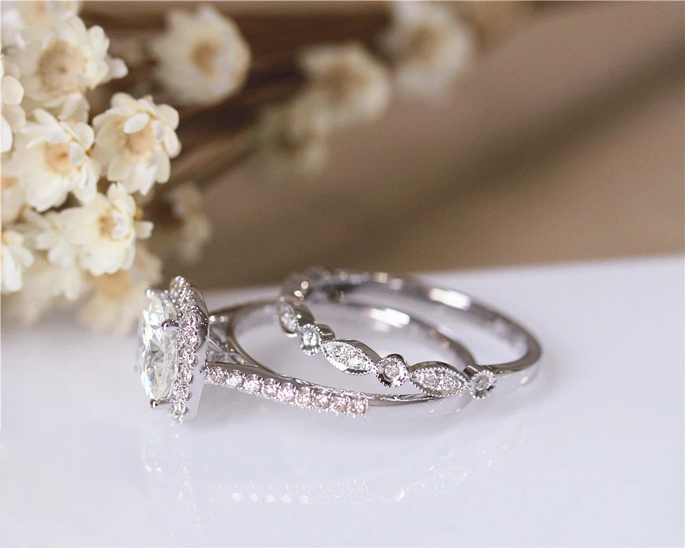 DUPUY 2.0ct Cushion Forever Brilliant Ring Set Art Deco Half Eternity Diamonds Wedding 14k White Gold Engagement | Украшения и
