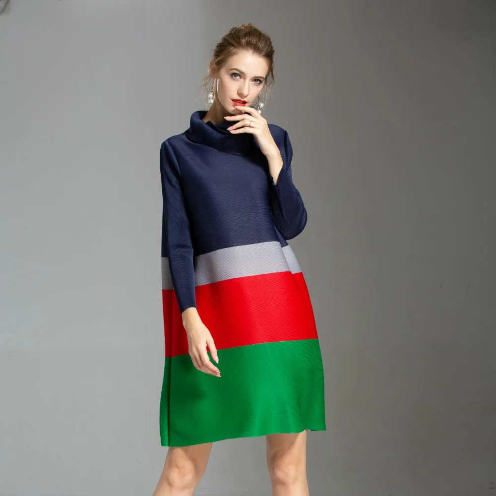 

Dress For Women 45-75kg Autumn Contrast Color Pathwork Turtleneck Long SLeeved Loose Stretch Miyake Pleated Dresses
