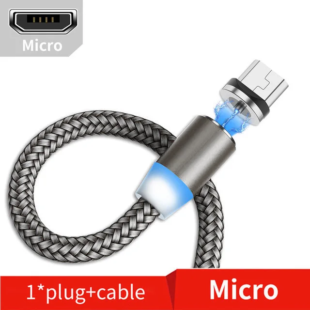Suhach 1 м 2 м Магнитный светодиодный кабель Micro usb type C Магнитный usb кабель для зарядки iPhone X 7 8 XS Max XR huawei samsung xiaomi LG - Цвет: For Micro Gray