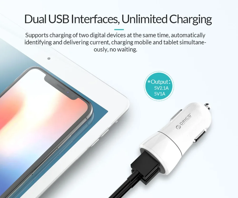 Автомобильное зарядное устройство ORICO с двумя usb портами 12 Вт макс. 2 порта