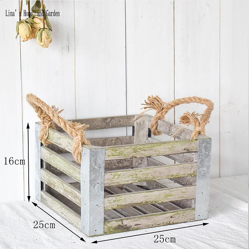 

square handmade aged rustic wooden crates with hemp rope handles