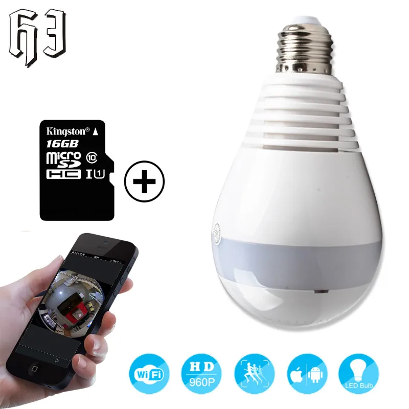 2.0mp лампочки Беспроводной IP Камера Wi Fi Fisheye 1080 P 360 градусов Мини CCTV охранных