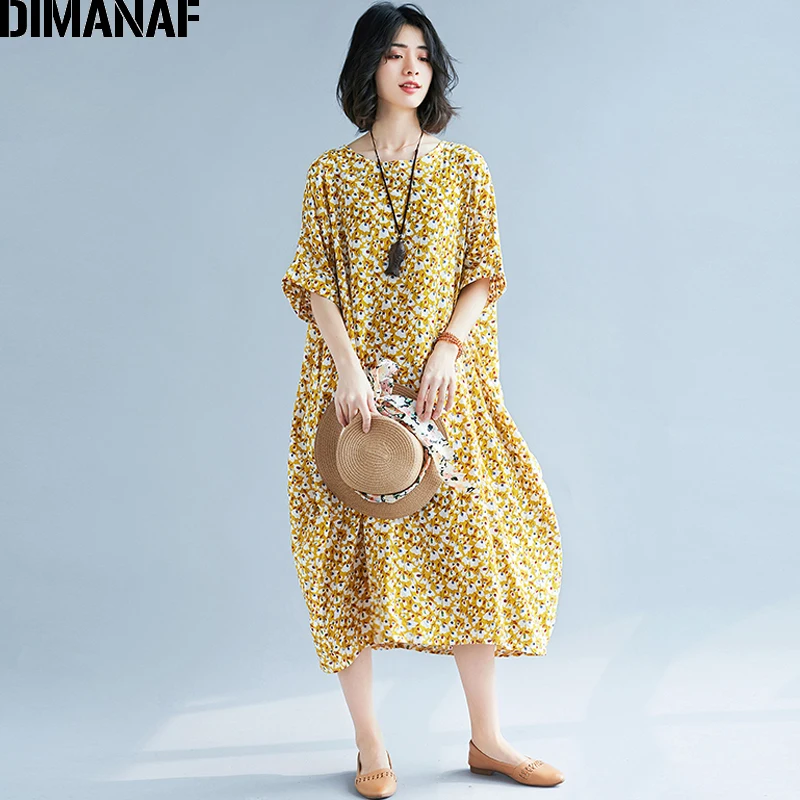 DIMANAF женское платье, летнее, размера плюс, льняное, женское, Prairie, шикарное, цветочное, винтажное, для девушек, Vestidos, свободное, Большая одежда, длинное платье