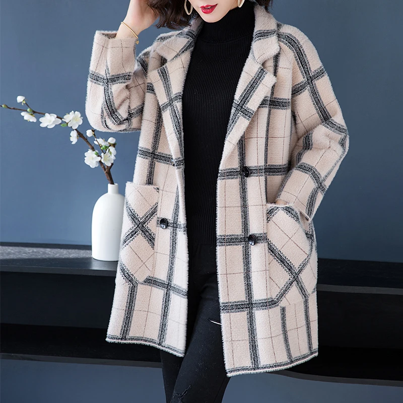 Brand Coat Fall Winter Women 2019 New OL Commuter Hit Color Plaid Big Pockets Lapel Thicken Double Breasted Loose | Женская одежда