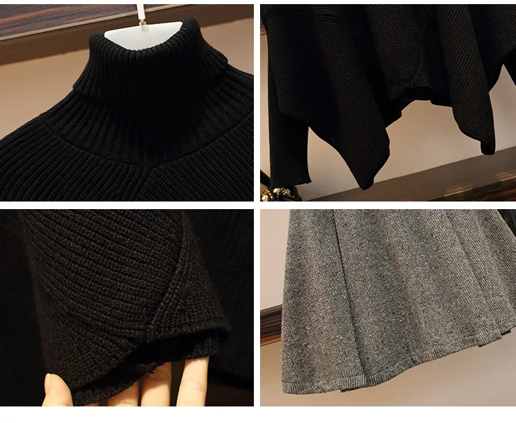 Женские вязаные комплекты размера плюс 4XL, однотонные свободные свитера с воротником-хомутом и рукавами летучая мышь, топы+ шерстяные эластичные юбки с высокой талией и рюшами