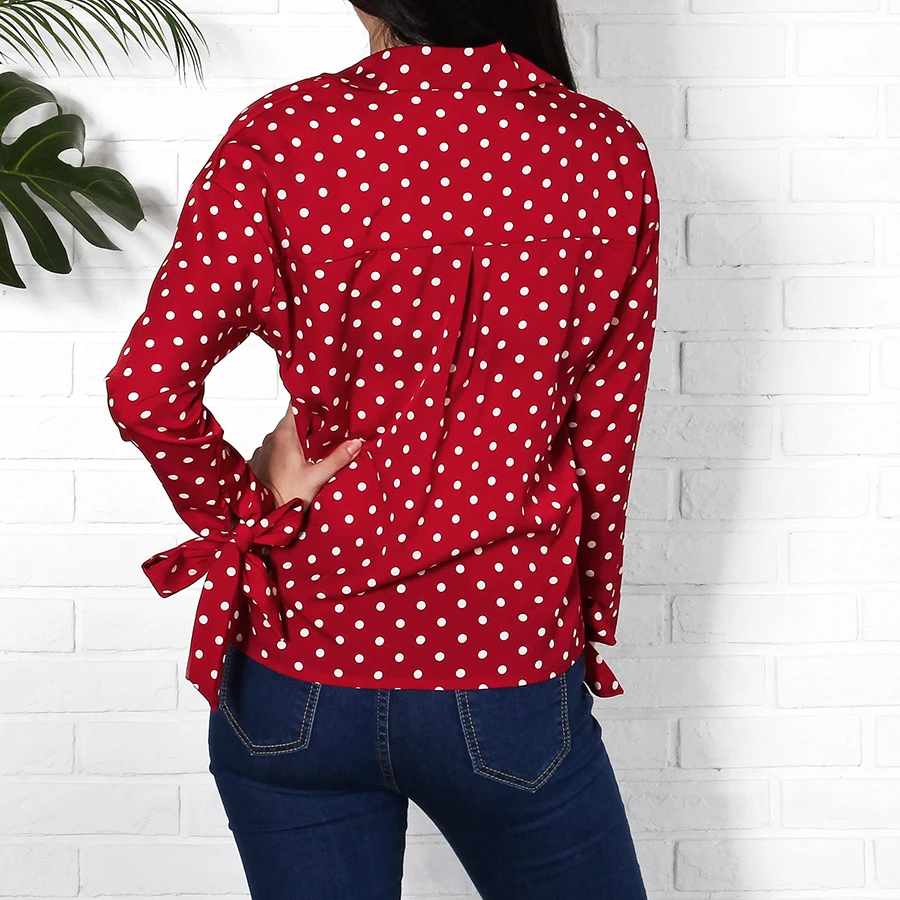 Red Vintage Polka Dot Shirts Women 2018 Autumn New Arrival Fashion Bow Long Sleeve Blouses Ladies Plus Size Casual Chiffon Tops | Женская