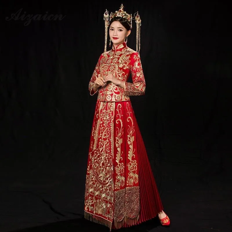 Chinese Traditional Dress Qipao Red Long Sleeve Cheongsam Embroidery Oriental Dresses Wedding Gowns Robe Orientale Vestido Chino |