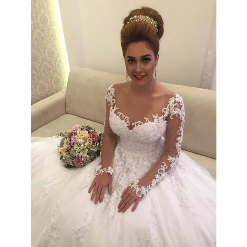 

Vestido De Noiva Ball Gown Wedding Dresses Long Sleeves See Through Back Sexy Bridal Gowns Buttons robe de mariee