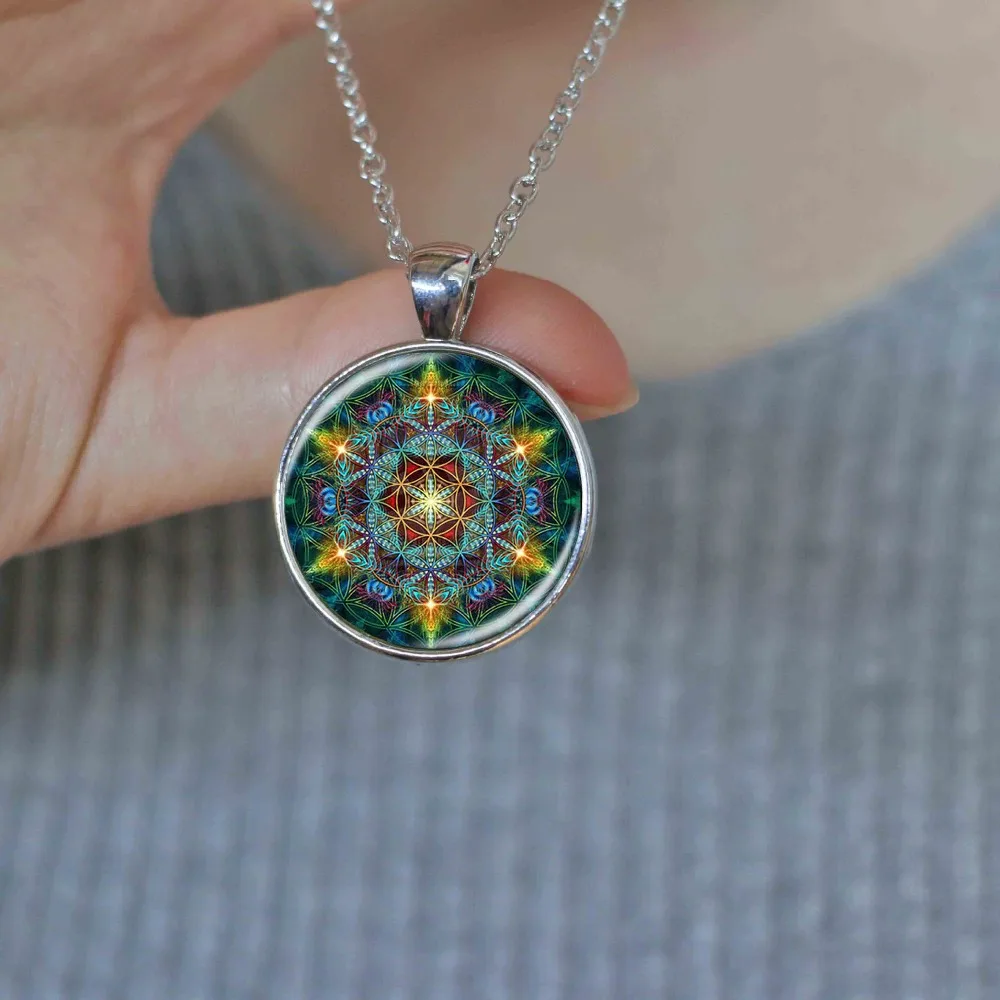 Многоцветный кулон цветок жизни Ожерелье Серебряная цепочка массивное длинное