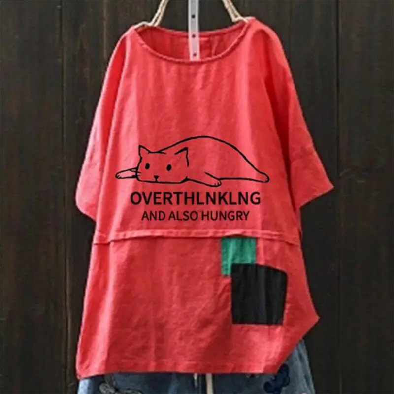 Женские свободные мешковатые топы из хлопка и льна размера плюс с принтом