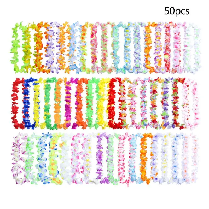50 Counts Tropical Bright Colored Artificial Flowers Hawaiian Leis Necklace Party Favors Luau Holiday Beach Decor |